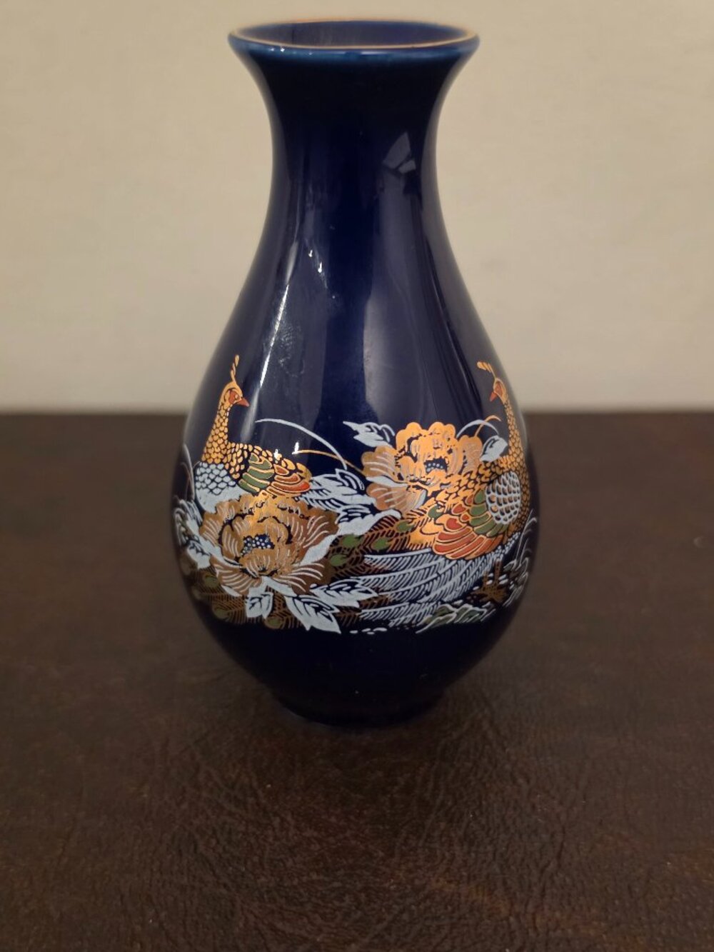 Vintage Japanese cobalt blue bud vase hand-painted floral design.